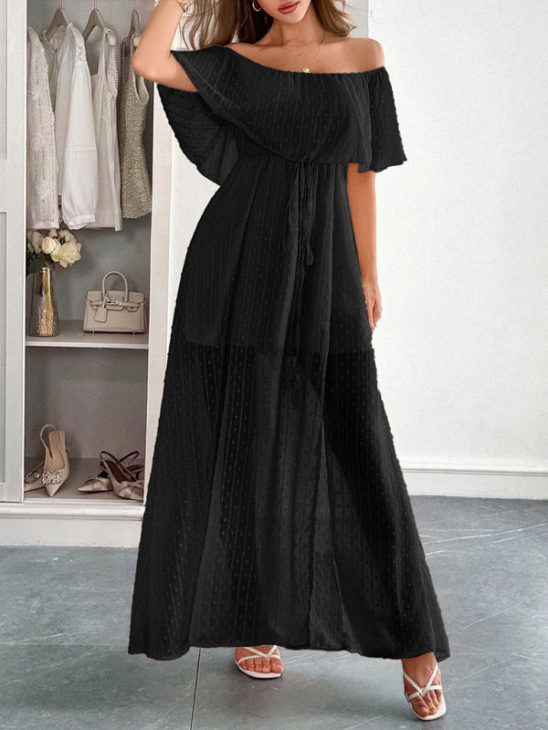 Elegant Strapless Waisted Short Sleeve Long Dress