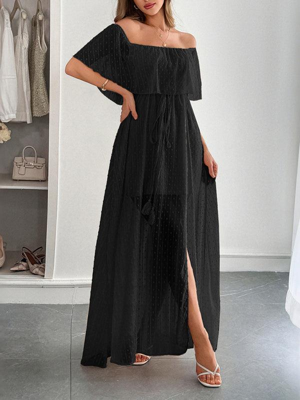 Elegant Strapless Waisted Short Sleeve Long Dress