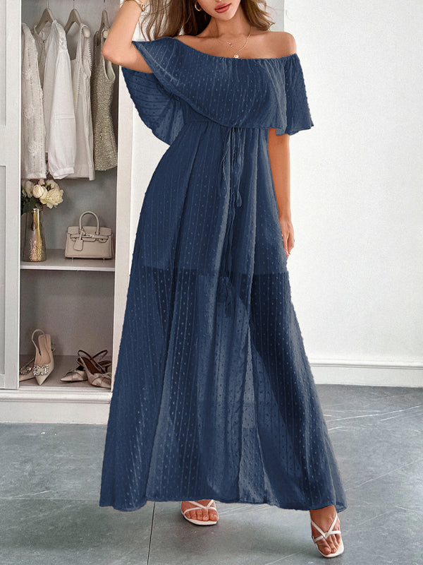 Elegant Strapless Waisted Short Sleeve Long Dress