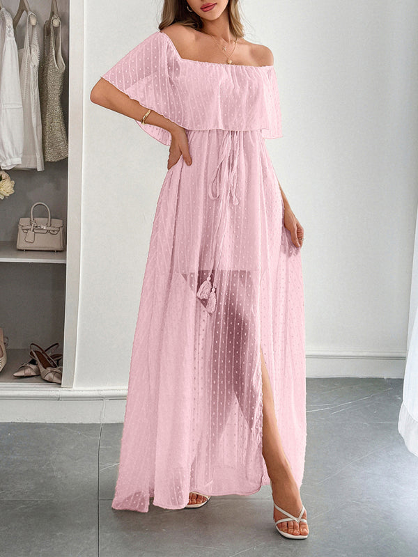Elegant Strapless Waisted Short Sleeve Long Dress