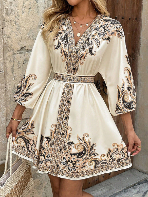 Modern Printed V-Neck Three-Quarter Sleeve Tie-Waist Dress