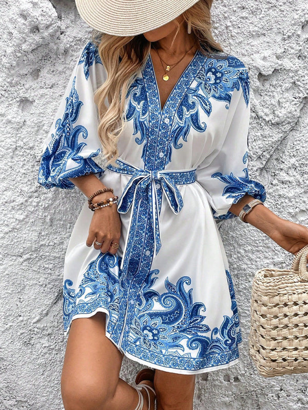Modern Printed V-Neck Three-Quarter Sleeve Tie-Waist Dress