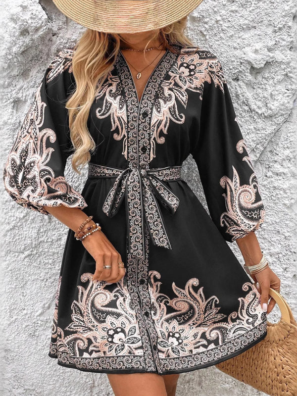 Modern Printed V-Neck Three-Quarter Sleeve Tie-Waist Dress