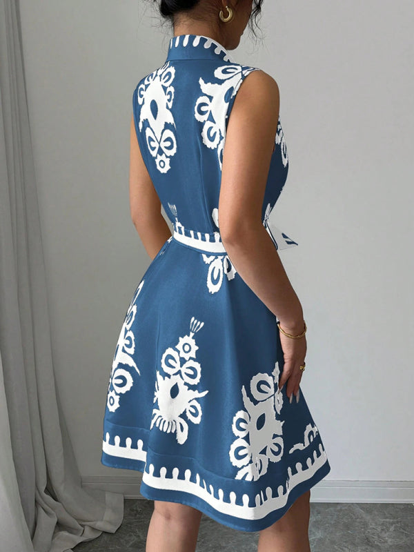 Women's Fashion Printed Waist Tie Sleeveless Dress