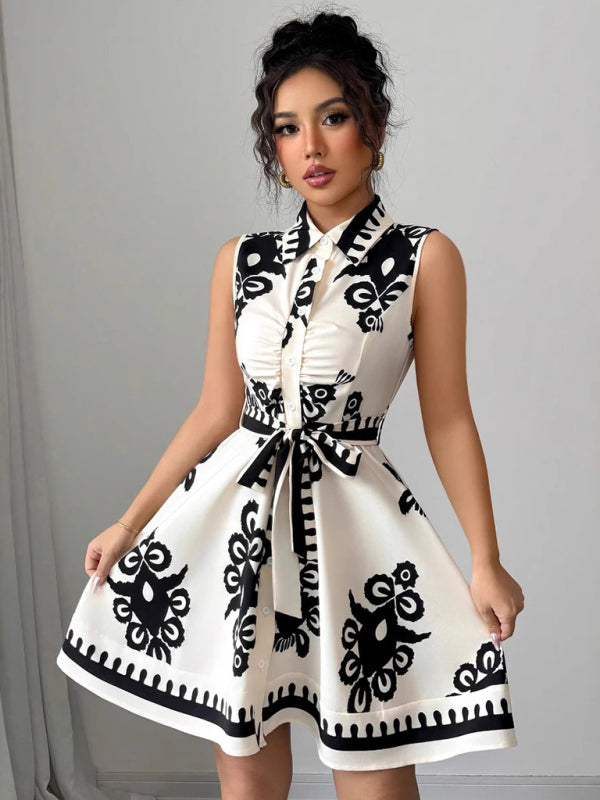 Women's Fashion Printed Waist Tie Sleeveless Dress