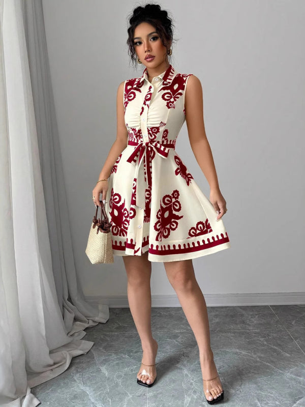 Women's Fashion Printed Waist Tie Sleeveless Dress