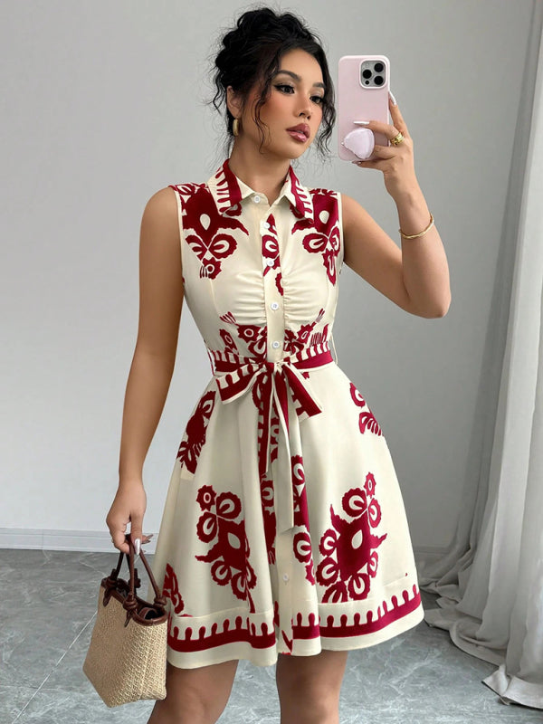 Women's Fashion Printed Waist Tie Sleeveless Dress