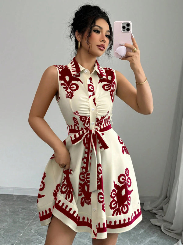 Women's Fashion Printed Waist Tie Sleeveless Dress