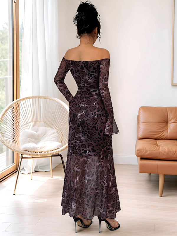 Modern Party Elegant Retro Style Off-shoulder Long Sleeve Mesh Leopard Print Dress