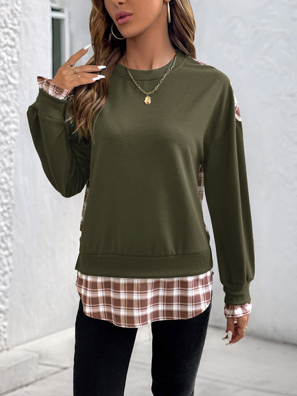 Plaid Stitching Pullover Sweatshirt - Round Neck Knit Top
