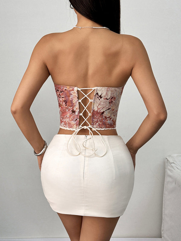 Pink Floral Print Lace-Up Fishbone Vest - Retro Street Style