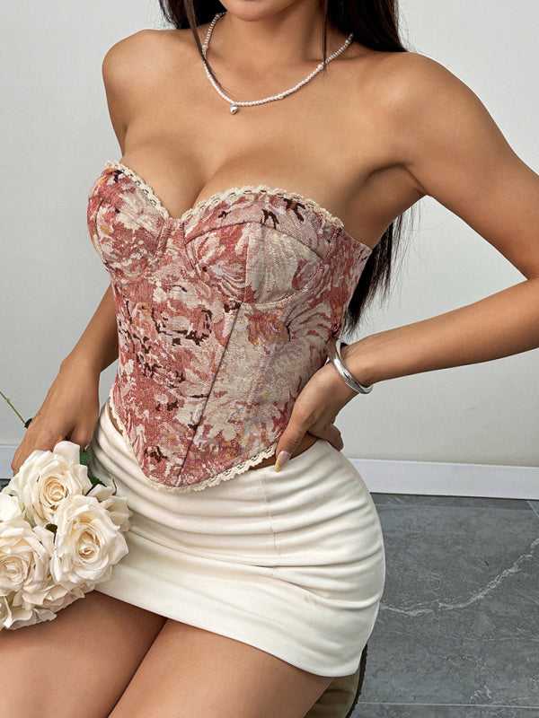 Pink Floral Print Lace-Up Fishbone Vest - Retro Street Style