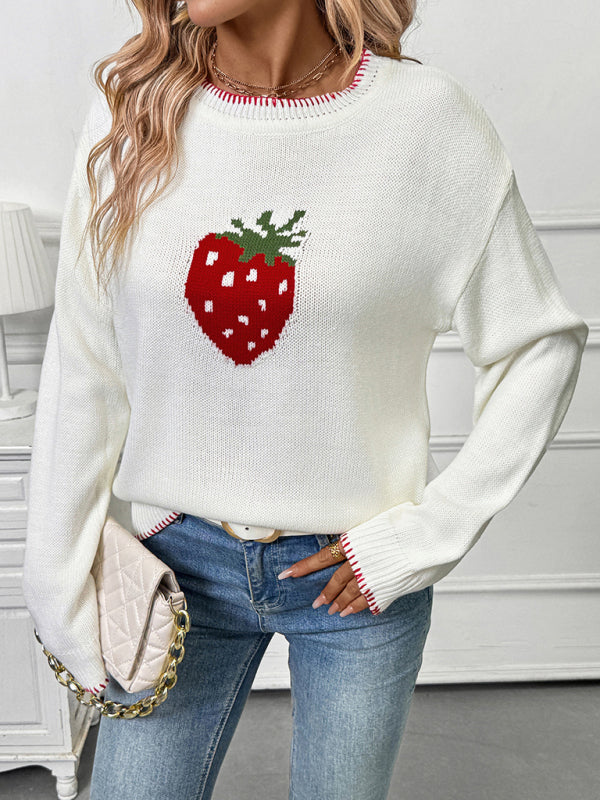 Acrylic Crew Neck Sweater - Strawberry Jacquard Knit Pullover for Women