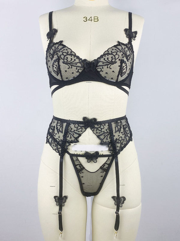 3D Butterfly Black Embroidery Sexy See-through Bra Panties Garter Sexy Lingerie Three-piece Set