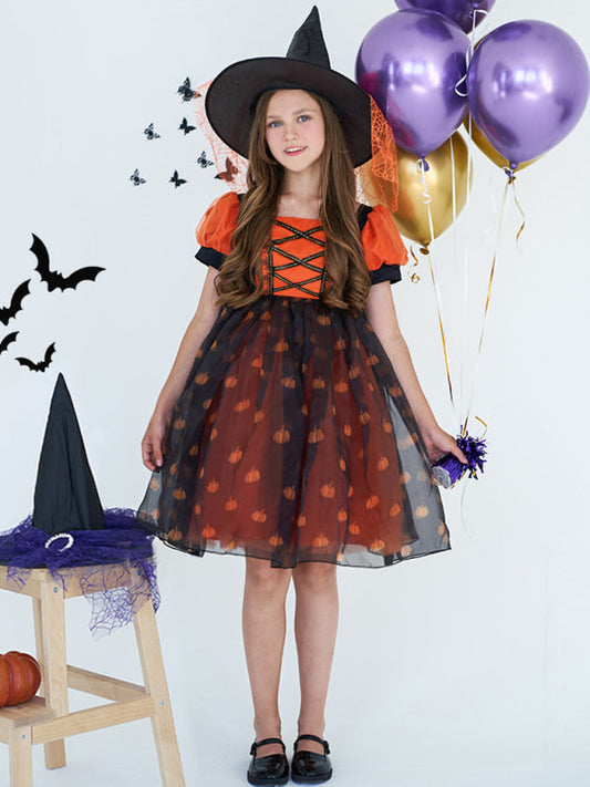 Girls Halloween Pumpkin Witch Dress - Orange Kids Costume