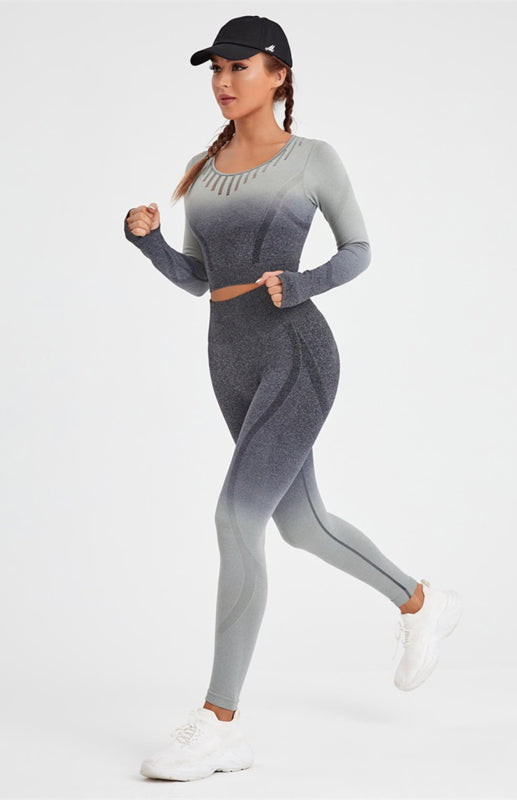 Women's Long Sleeve Gradient Yoga Set - High Waist Leggings & Top