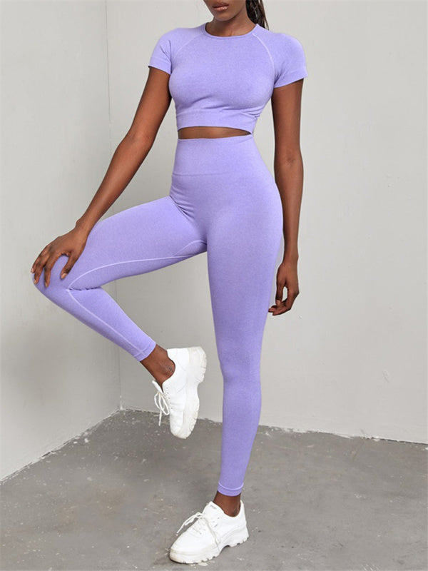 Ensemble de yoga sans coutures à manches courtes et pantalon pour femme, couleur unie
