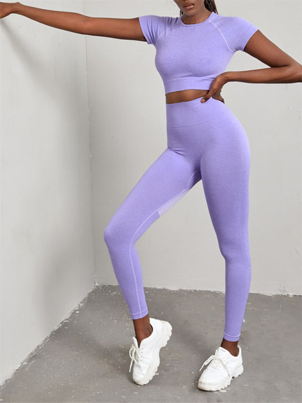 Ensemble de yoga sans coutures à manches courtes et pantalon pour femme, couleur unie