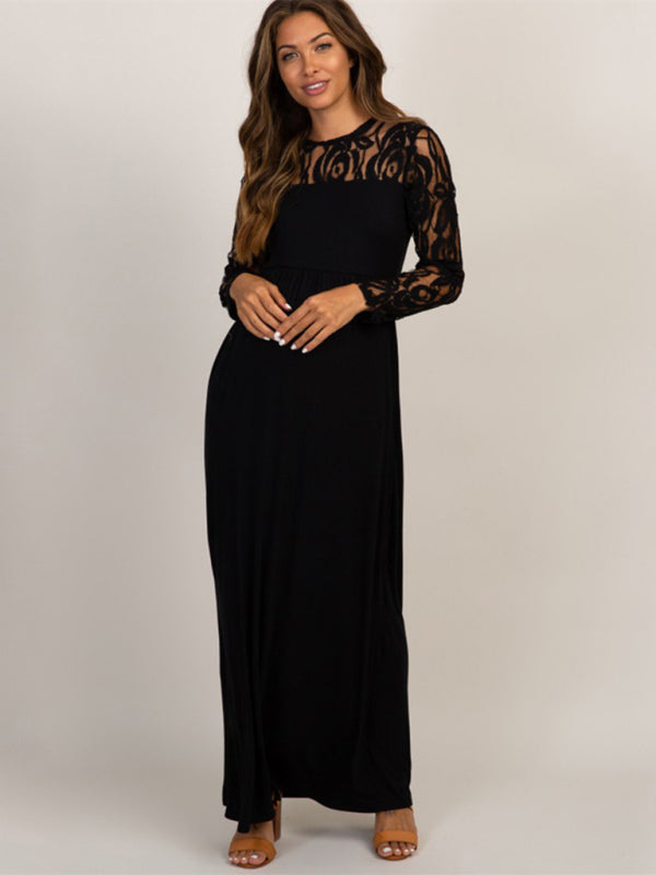 Maternity Lace Dress - Long Sleeve Round Neck Solid Color