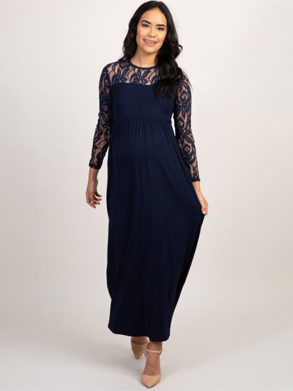 Maternity Lace Dress - Long Sleeve Round Neck Solid Color