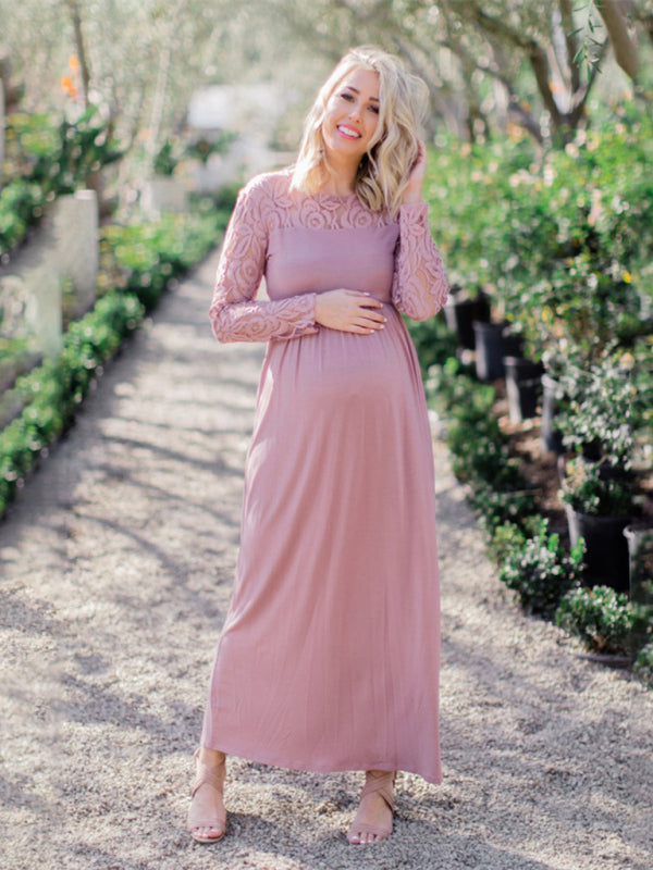 Maternity Lace Dress - Long Sleeve Round Neck Solid Color
