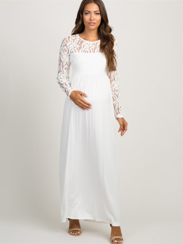 Maternity Lace Dress - Long Sleeve Round Neck Solid Color