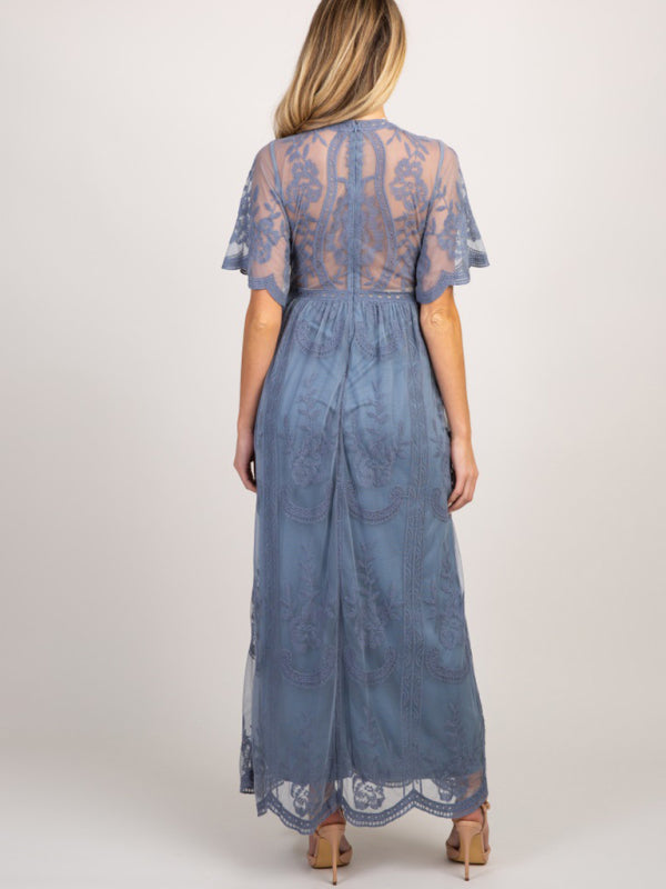 Maternity Lace Dress - Short Sleeve V-Neck High Waist Dress