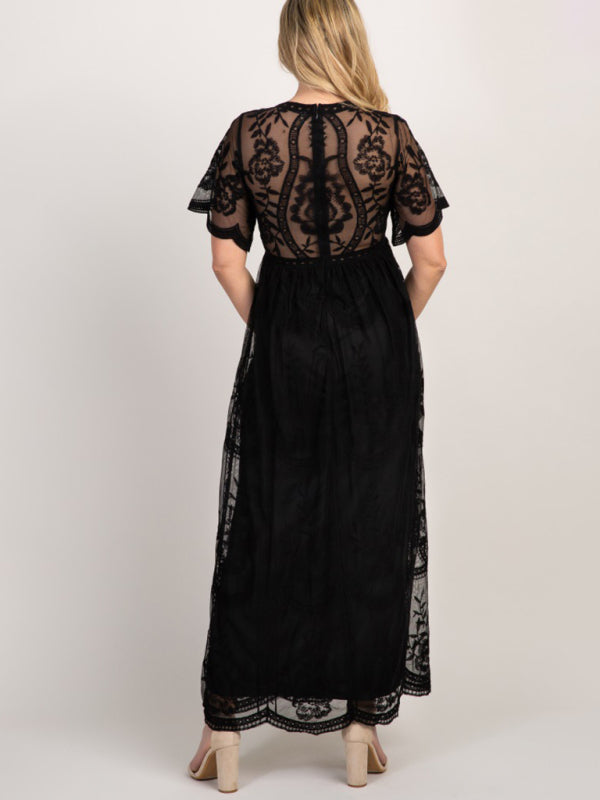 Maternity Lace Dress - Short Sleeve V-Neck High Waist Dress