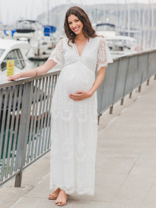 Maternity Lace Dress - Short Sleeve V-Neck High Waist Dress