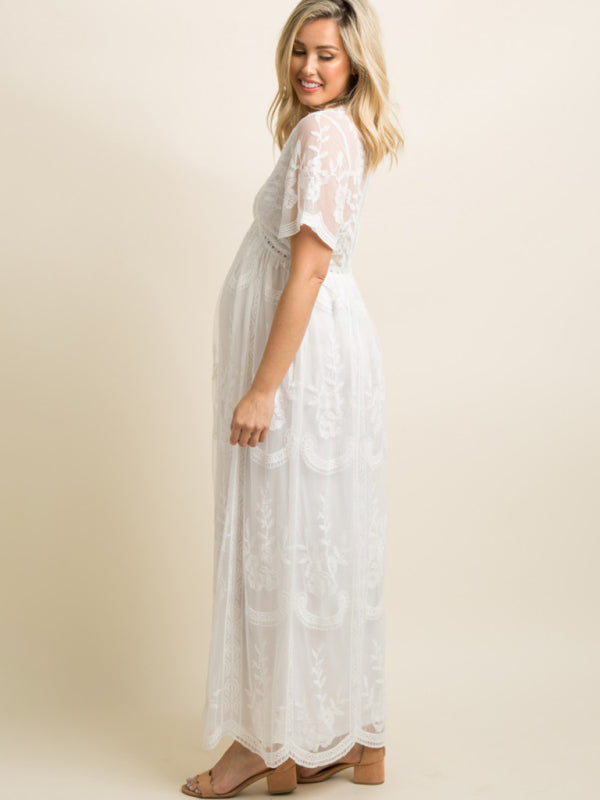 Maternity Lace Dress - Short Sleeve V-Neck High Waist Dress