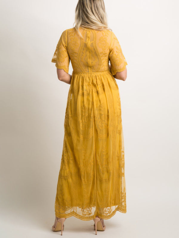 Maternity Lace Dress - Short Sleeve V-Neck High Waist Dress