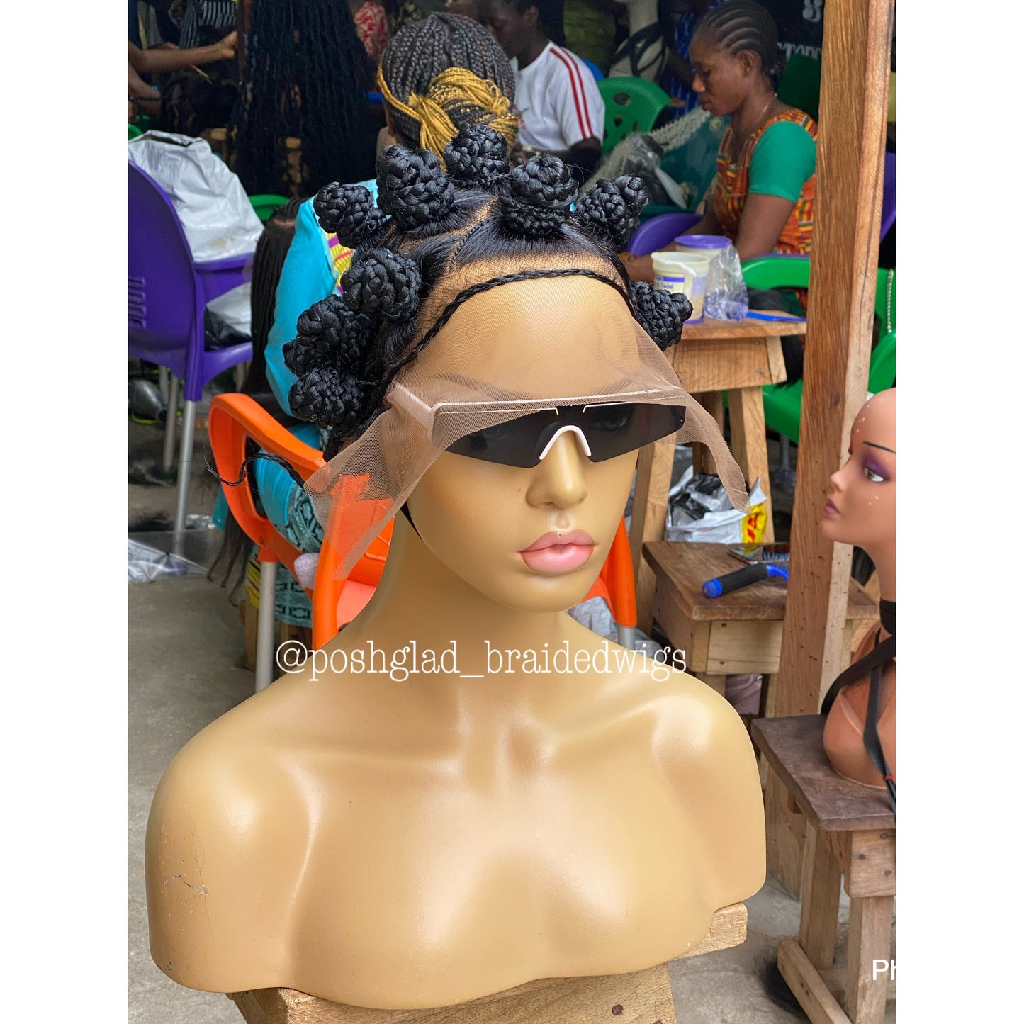 Bantu Knots Wig "Swiss Full Lace" Black Color, Gluless - Joanne