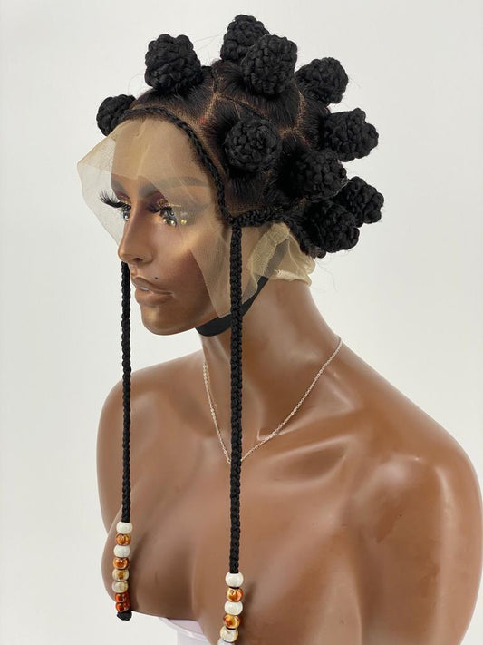 Bantu Knot Wig With Dropping Beads "Swiss Full Lace" Malaika