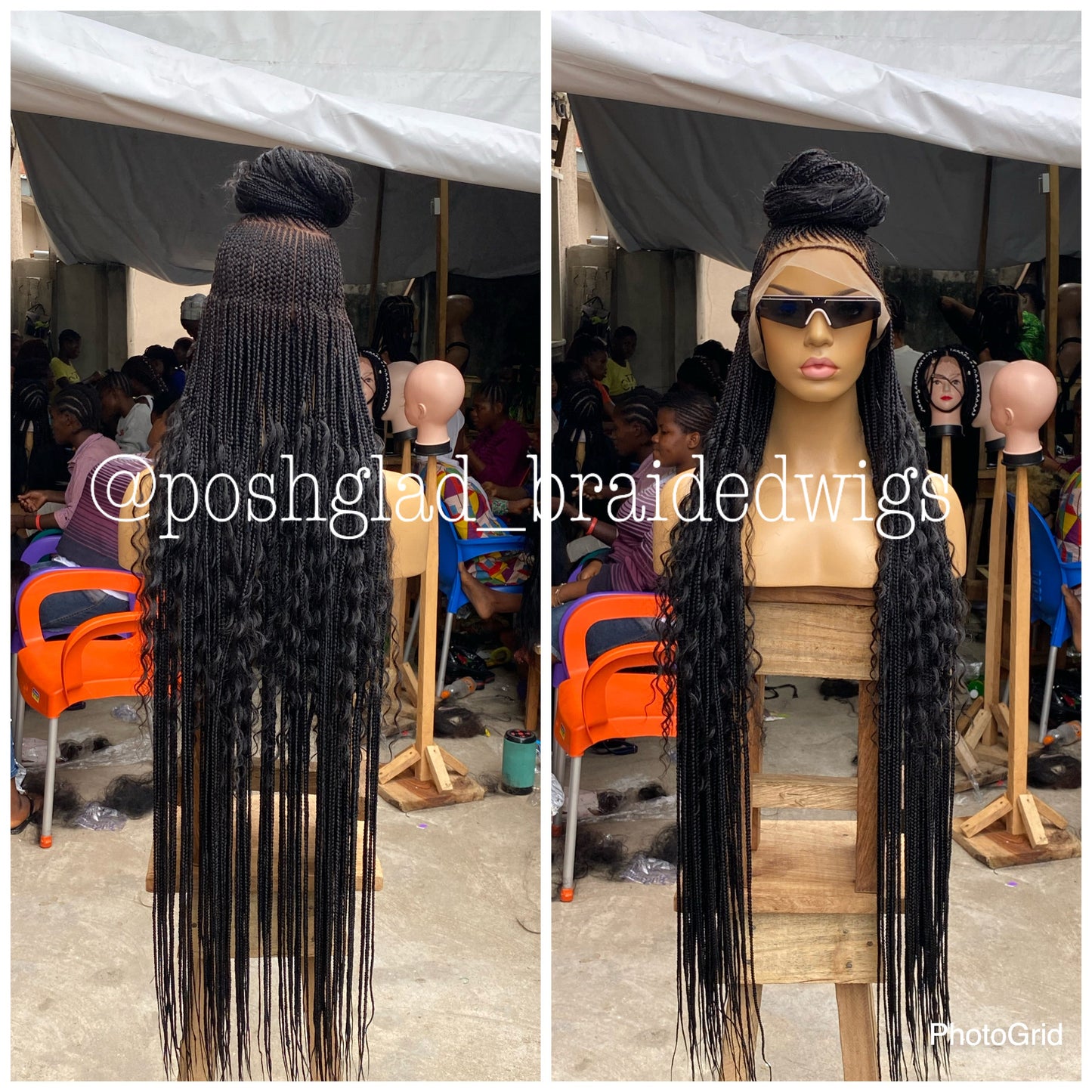 Bohemian Cornrow Braided Wig, Full Lace, Color 1B, Waist Length - Greta