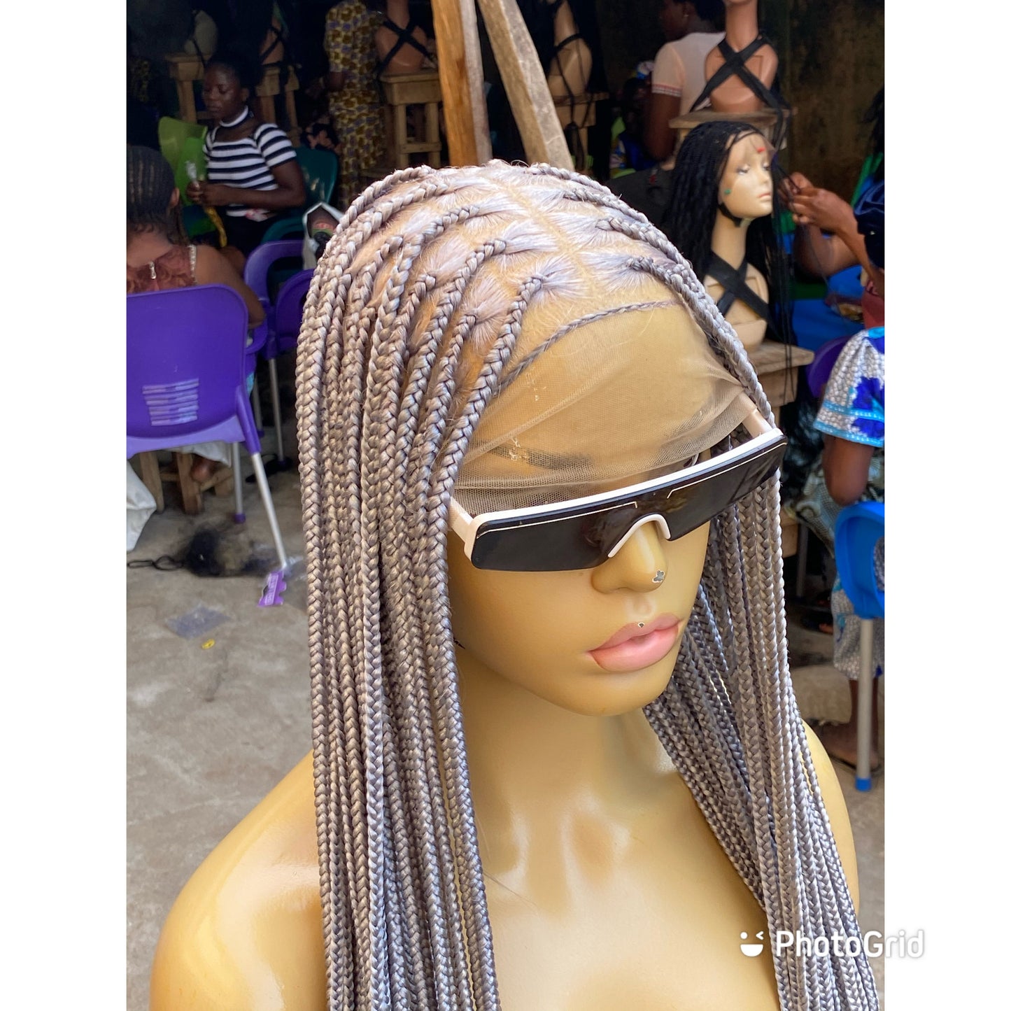 Knotless Braided Wig, Swiss Full Lace, Gray Color, Waist Length, Standard Density - Shawna