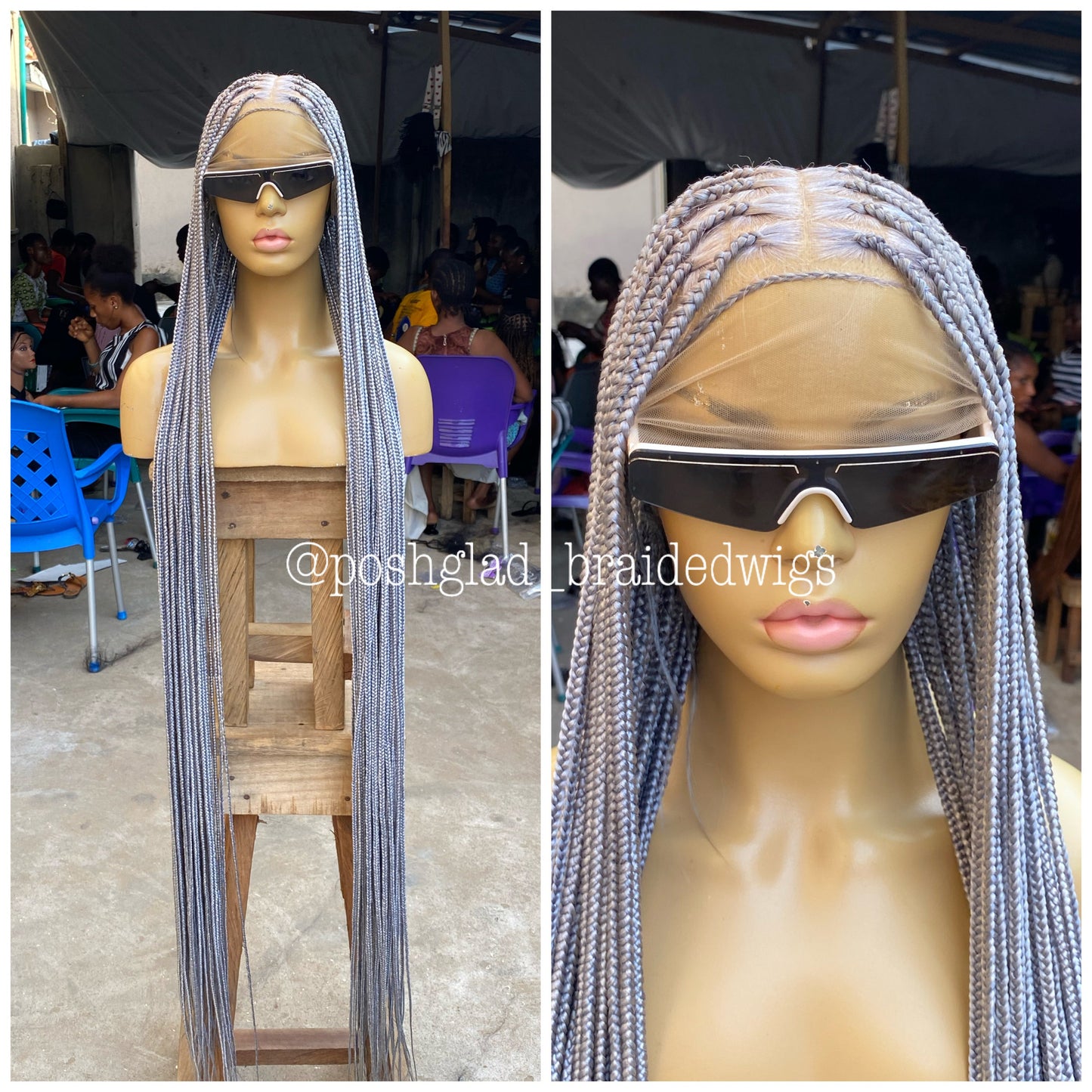 Knotless Braided Wig, Swiss Full Lace, Gray Color, Waist Length, Standard Density - Shawna