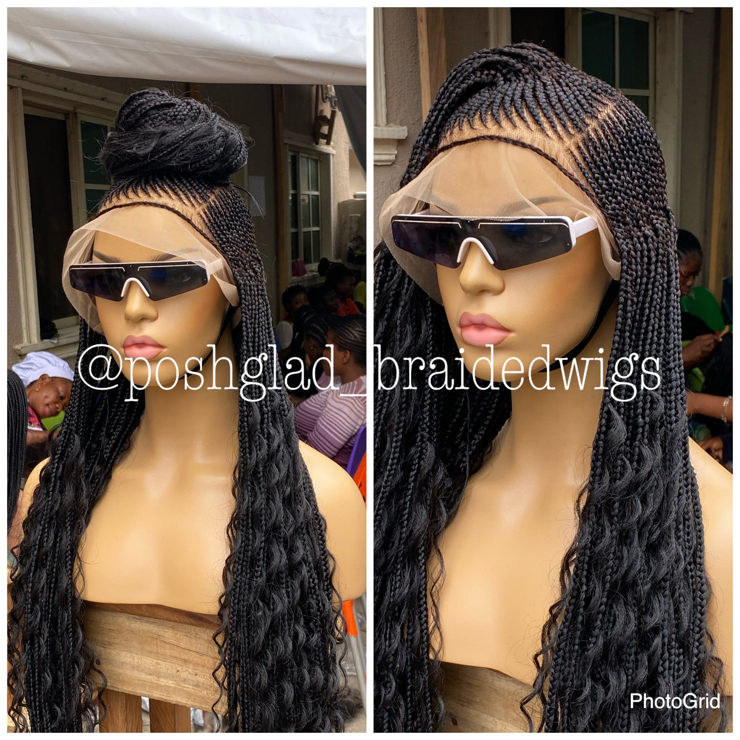 Bohemian Cornrow Braided Wig, Full Lace, Color 1B, Waist Length - Greta