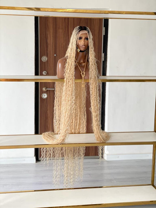 Bohemian Knotless Braid Wig, HD Full Lace, Ankle Length, Blonde, Black Root