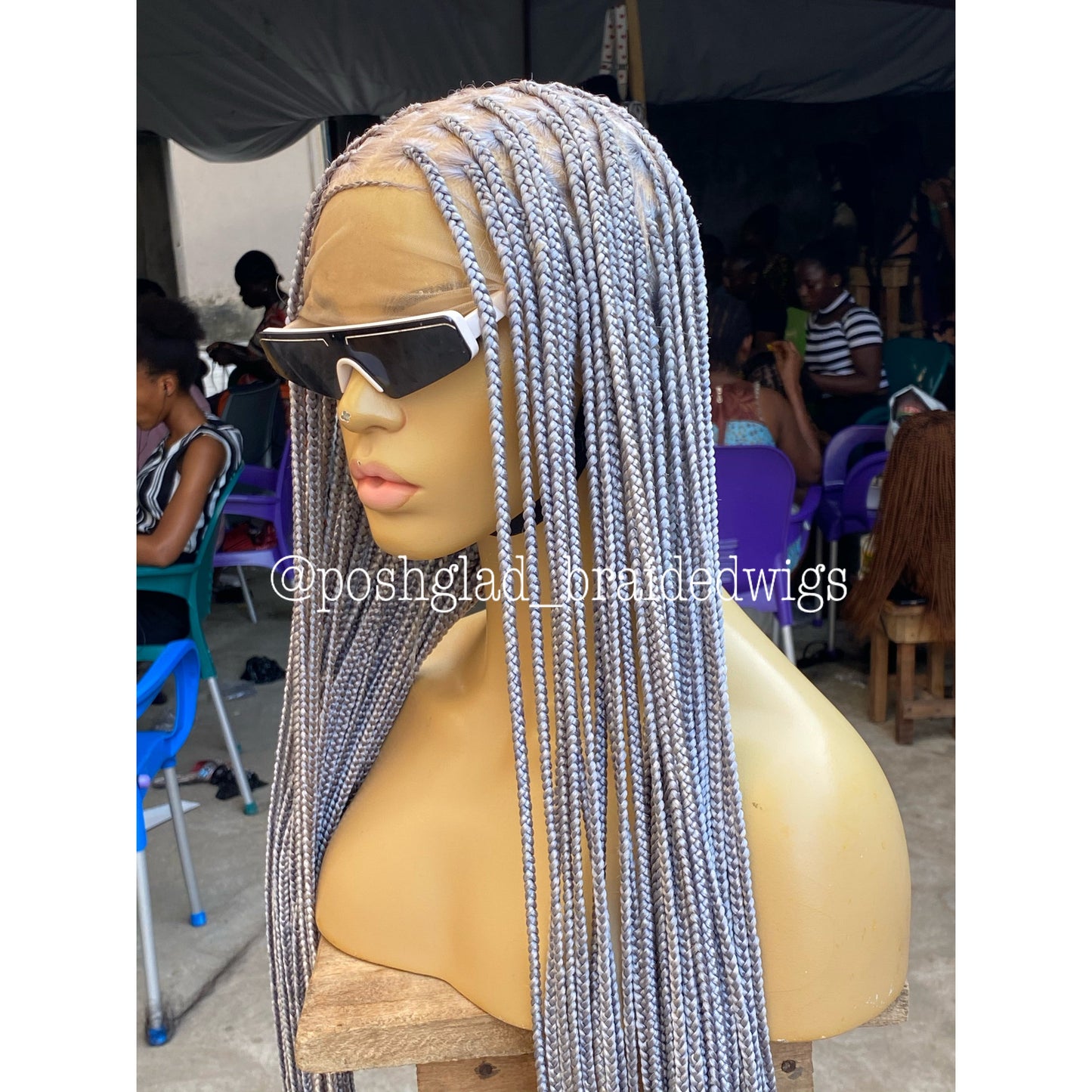 Knotless Braided Wig, Swiss Full Lace, Gray Color, Waist Length, Standard Density - Shawna