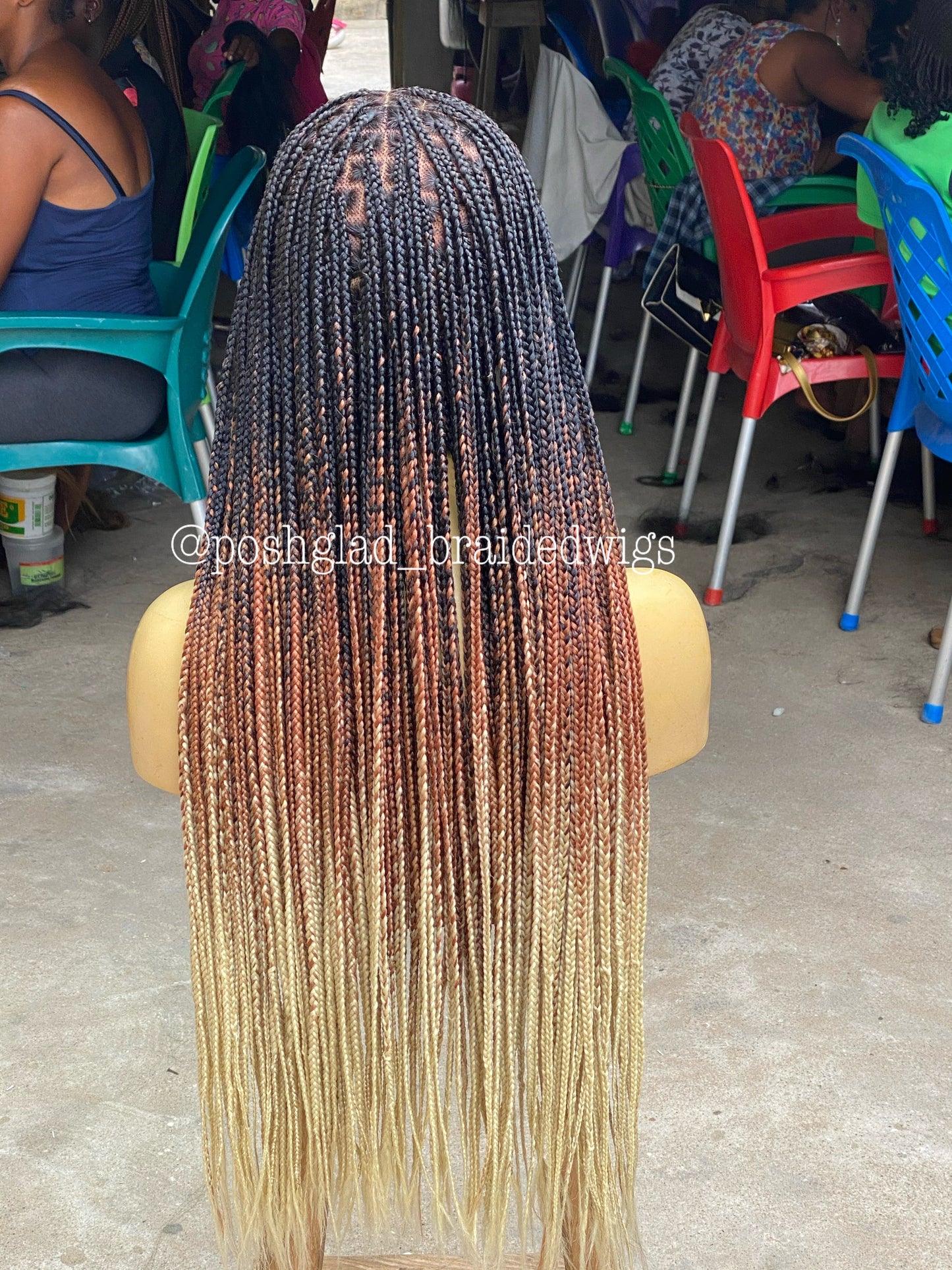 Knotless Braid Wig, Swiss Full Lace, Threetone Color, Waist Length - Gabrielle