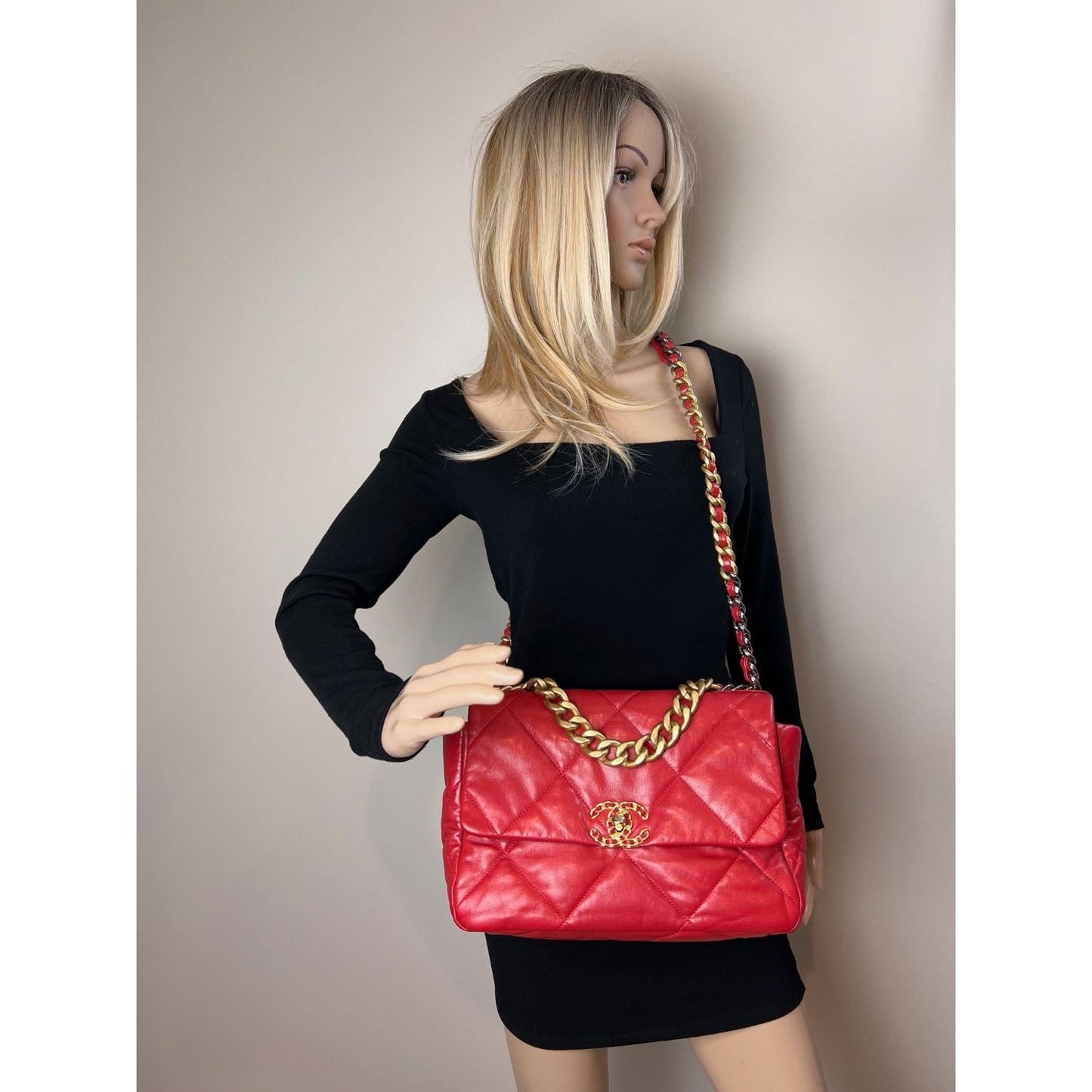 Chanel 19 Large Quilted Goatskin Silver and Gold Red Flap Bag