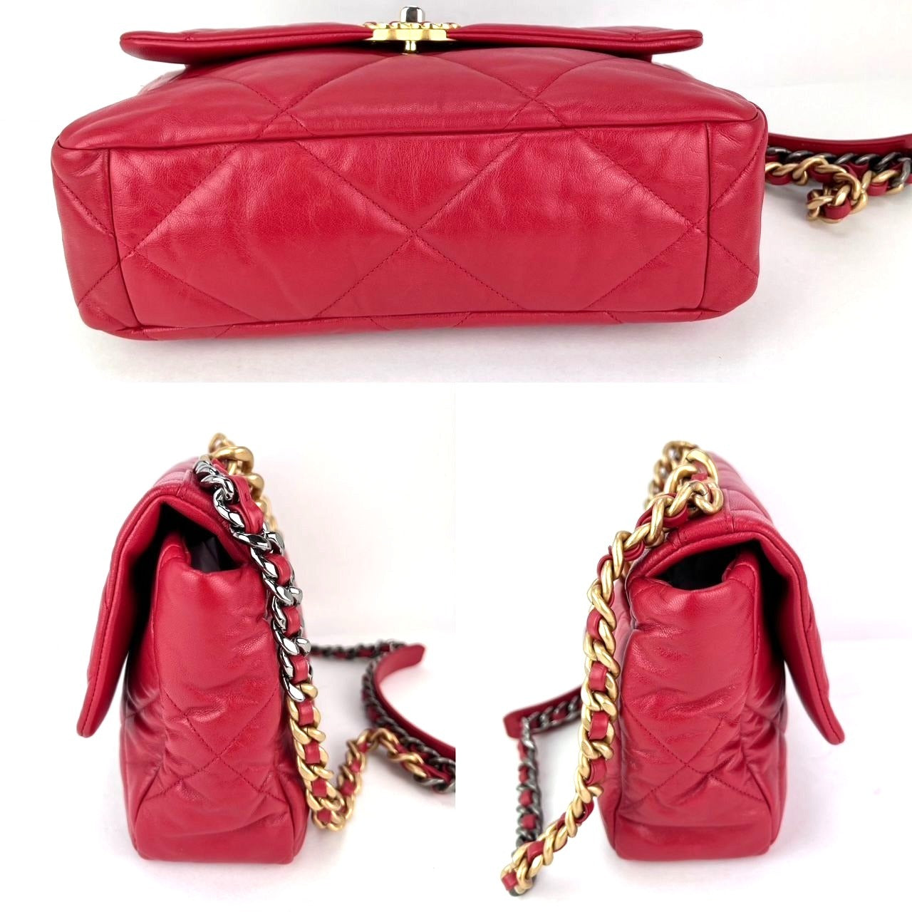 Chanel 19 Large Quilted Goatskin Silver and Gold Red Flap Bag