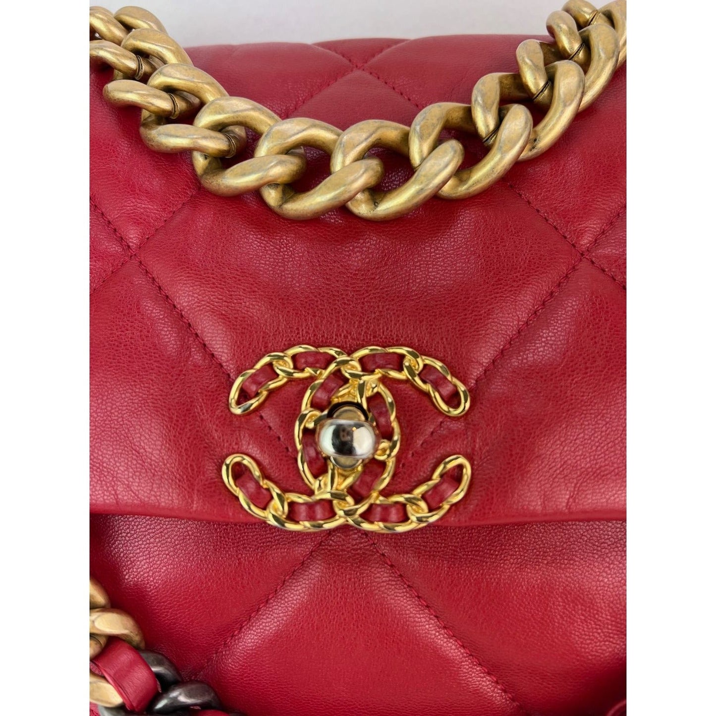 Chanel 19 Large Quilted Goatskin Silver and Gold Red Flap Bag