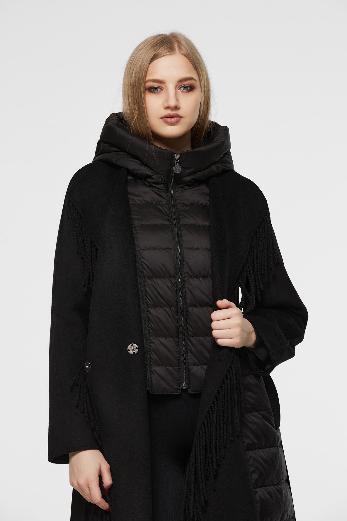 Manteau Kennedy en mélange de laine et duvet de luxe à franges, noir