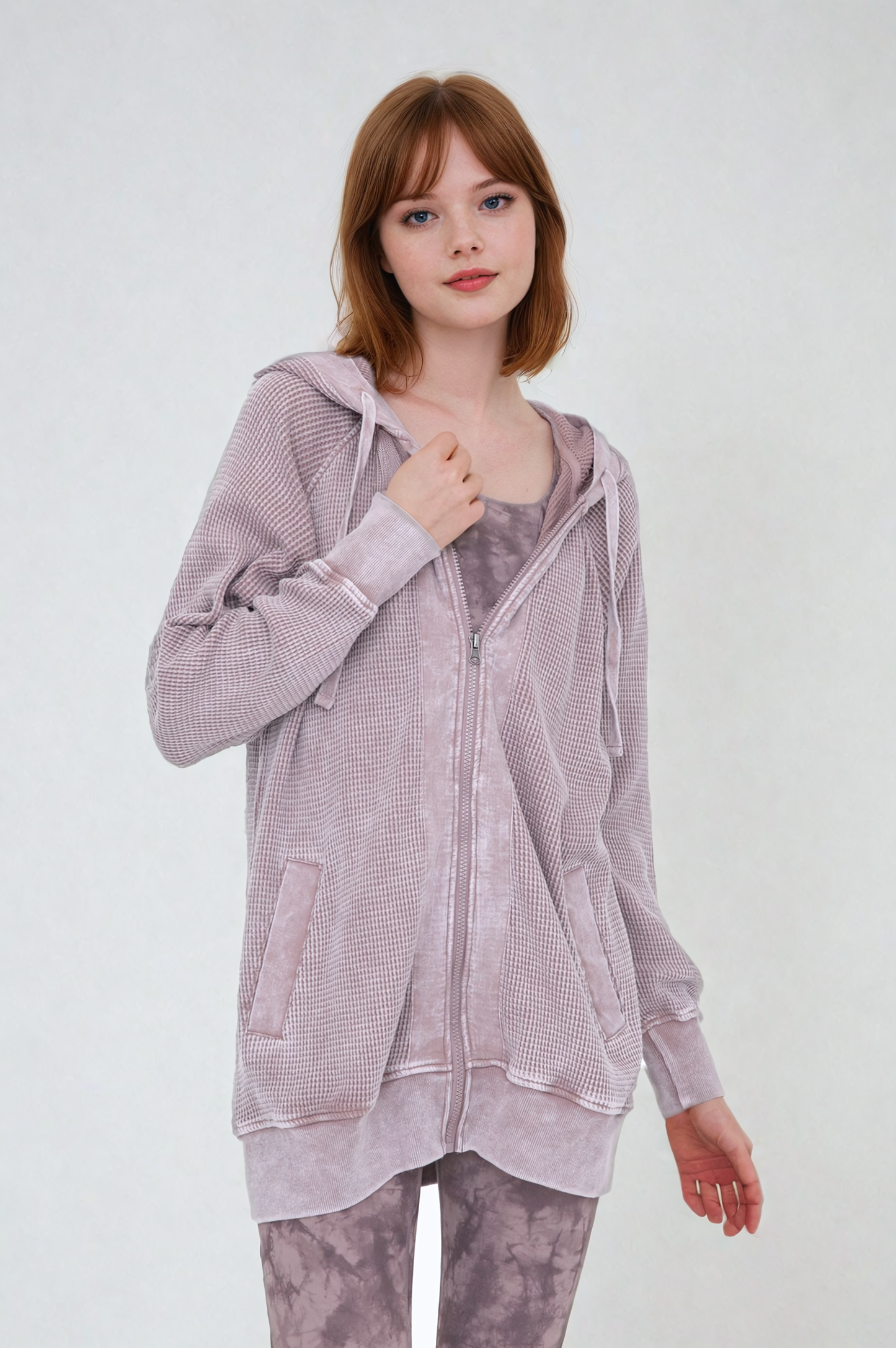 Oversized Waffle Knit Zip-Up Hoodie