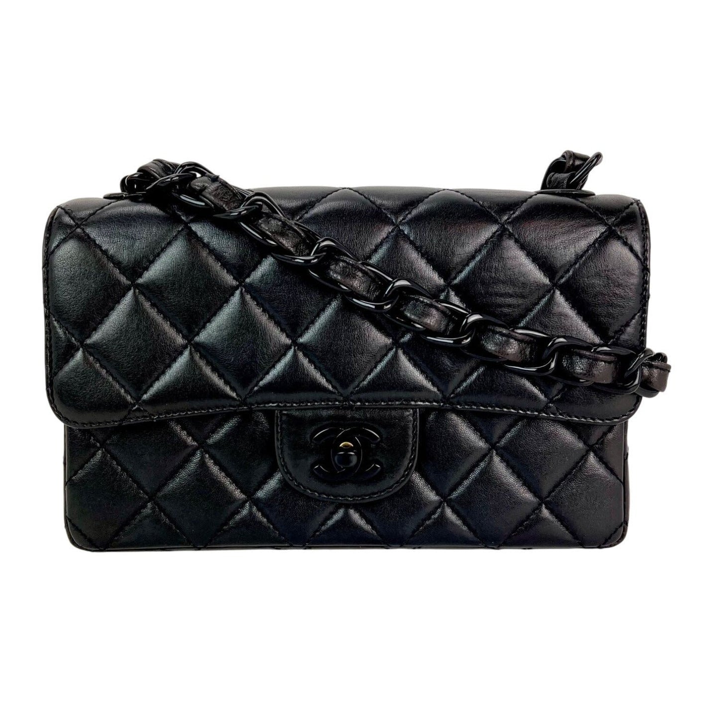 Chanel Vintage Quilted Lambskin Black Resin Chain Small Classic Single Flap Bag RARE