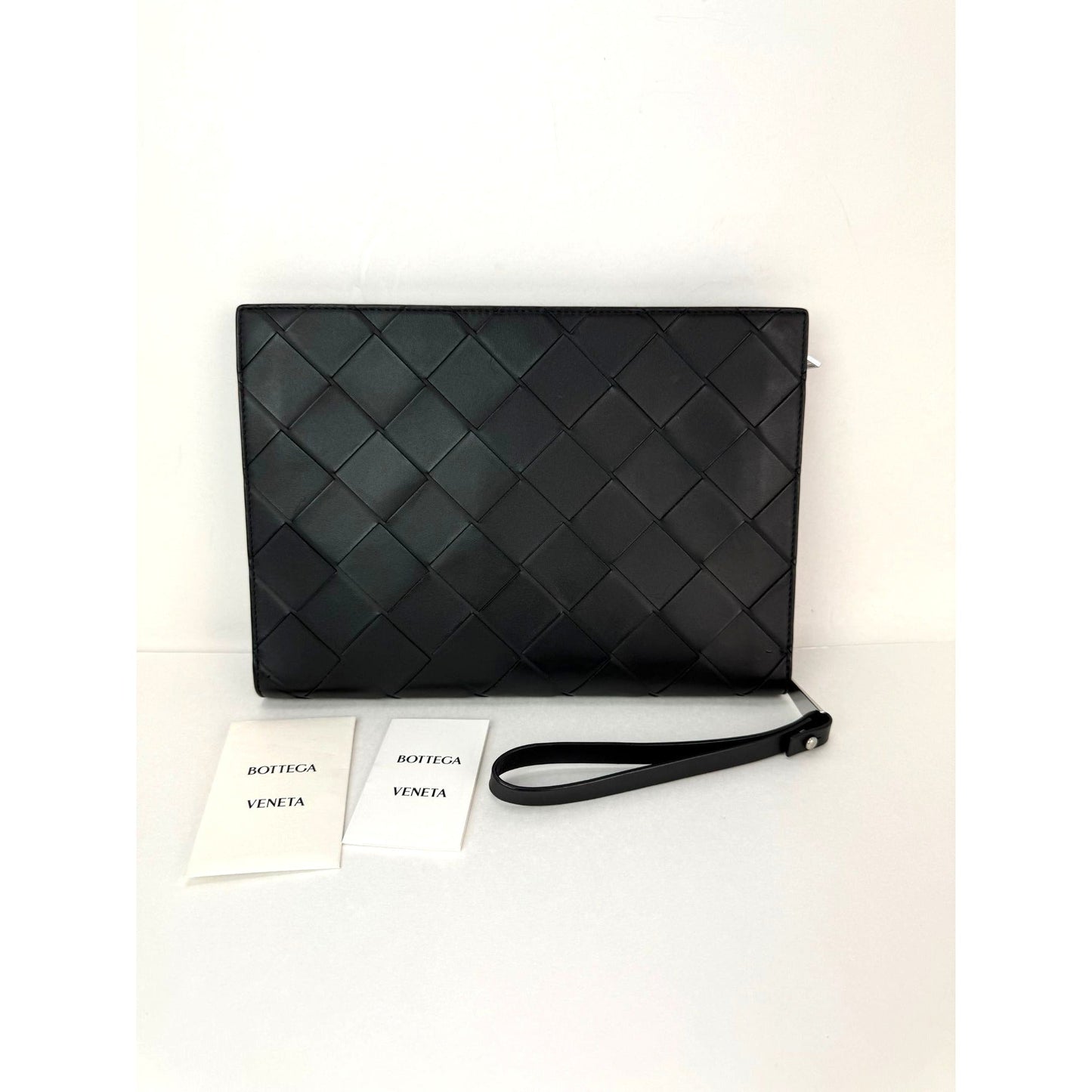 Bottega Veneta Black Leather Maxi Intreciato Document Case Wristlet Clutch Bag