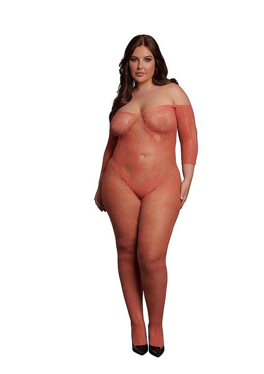 Le Désir Sunset Glow Orange Lace Long-Sleeved Bodystocking