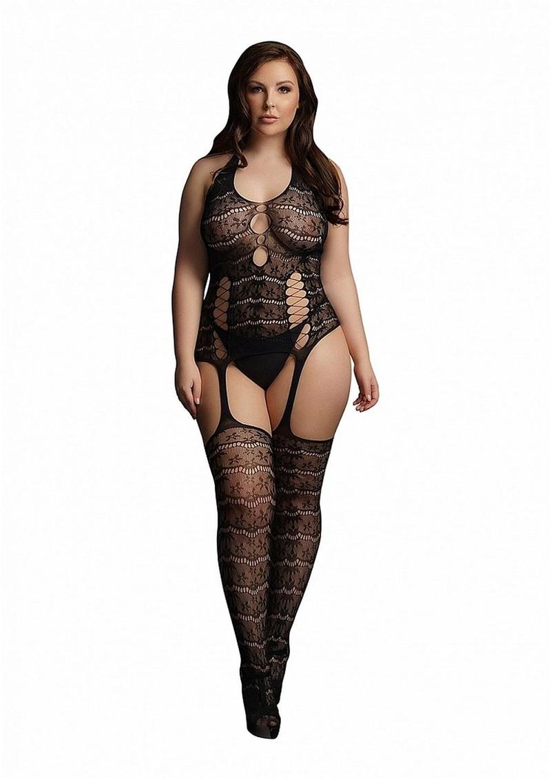 Le Desire Lace Suspender Bodystocking - Black
