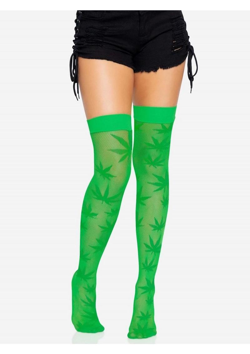 Leg Avenue 420 Net Thigh Highs with Leaf Print